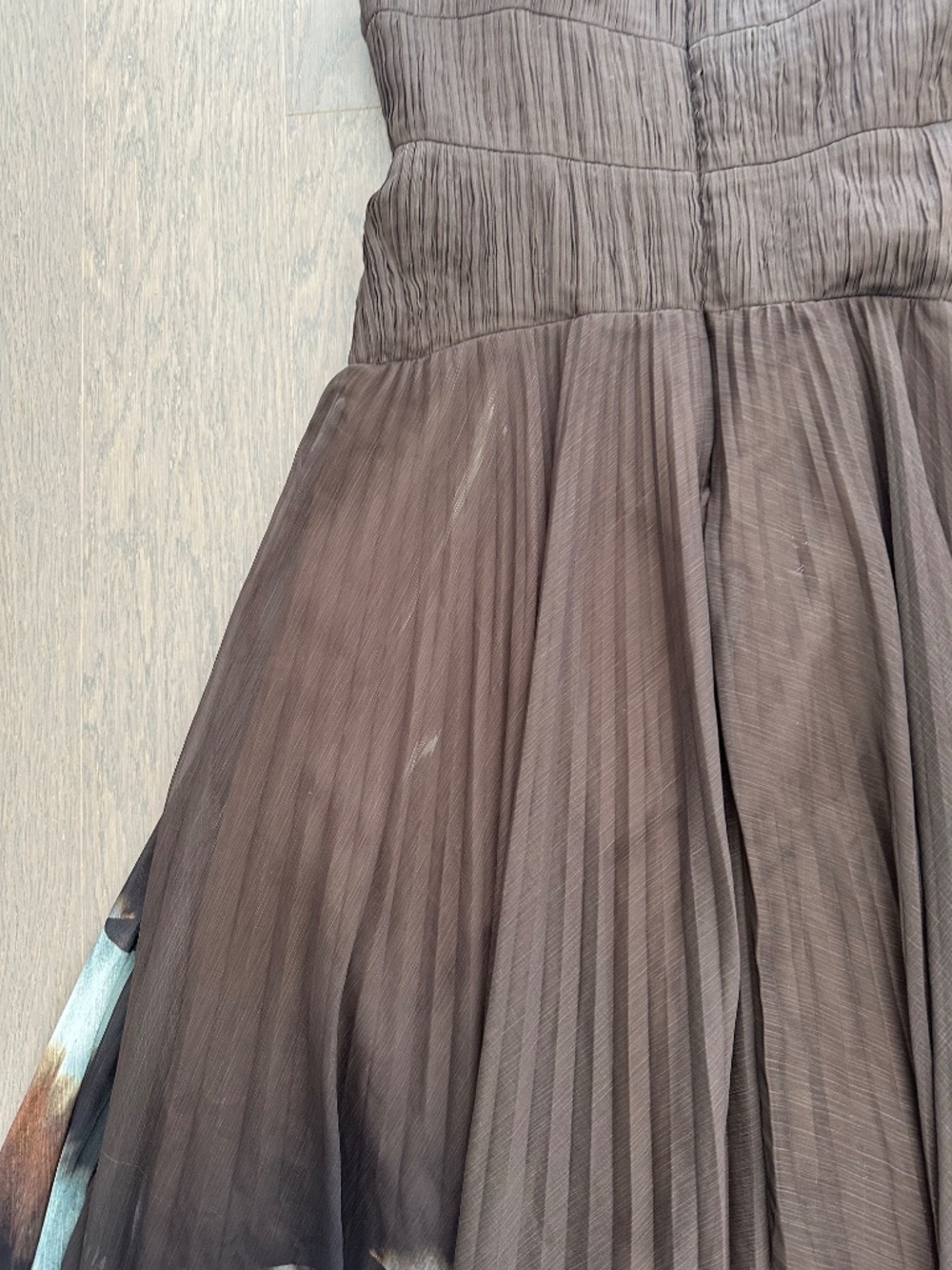 AMUR Sue Olive Green Pleated Maxi Chiffon Dress Tie Dye Gown - Size 6 - Picture 10 of 13